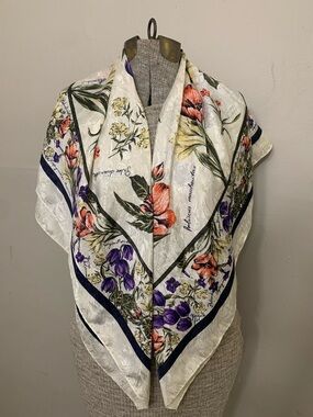 Floral Silk-Look Square Scarf in White with Purple & Orange Blooms